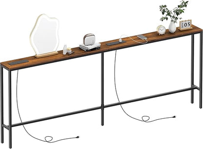 80.7'' Narrow Sofa Table with 2 Power Outlets (6 AC Outlets & 4 USB Ports), Thin Console Tables Narrow Long, Behind Couch Table Skinny for Entryway, Living Room, Hallway, Foyer, Rustic Brown