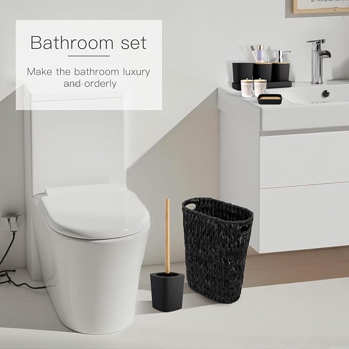Black Bathroom Accessories Set with Wicker Trash Can, Black Bathroom Accessories Set Bathroom Sets Small Waste Basket Bathroom Trash Can for Bedroom Bathroom