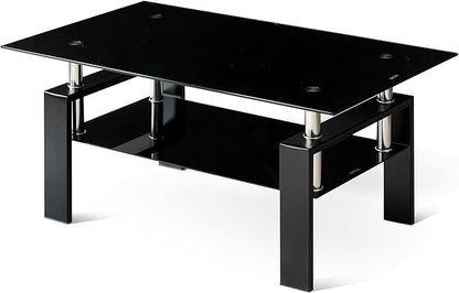 Black Glass Coffee Table for Living Room, Mordern Rectangle Tempered Glass Sofa Center Tables with Black Metal Leg for Home Office