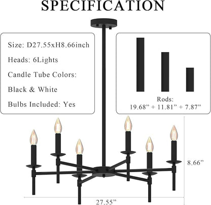 Black LED Chandeliers, Round Candle Hanging Lamp Ceiling, Modern Bedroom Chandelier Light Fixture for Kitchen Island Dining Room Living Room Farmhouse (Black-B 6Lights)