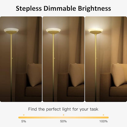 BoostArea Torchiere Floor Lamp, 24W Super Bright LED Standing Lamp, 3000K Stepless Dimmable Pole Lamp with Rotary Switch, 70 Inch Tall Metal Modern Floor Lamps for Living Room/Bedroom/Office/Den, Gold