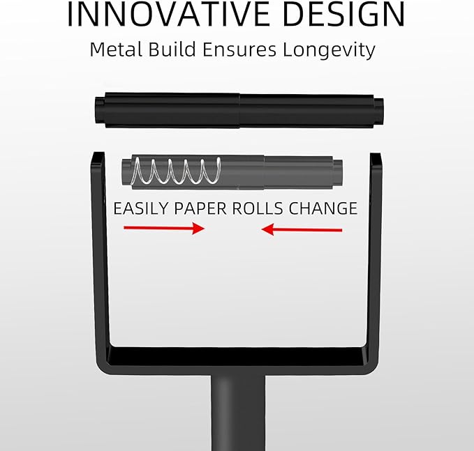 YUMORE Toilet Paper Holder Free Standing, Stainless Steel Toilet Paper Stand, Weighted Base Floor Tissue Roll Holder for Bathroom, Matte Black 200UP