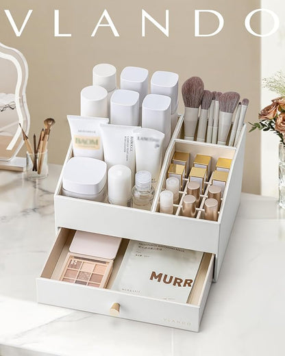 Vlando Makeup Organzier,Vanity Organizer with Drawers, PU Leather Skincare Organizer Perfume Organizer,Large Cosmetic Display Case for Lipstick,Brushes Gifts for Women-White