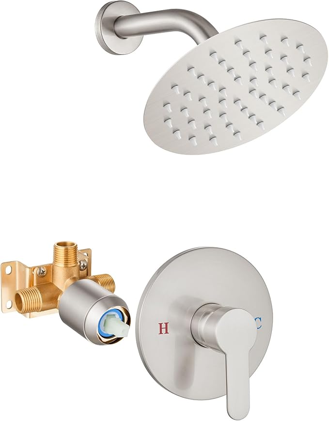 Airuida Shower Faucet Set,Single Function Shower Trim Kit,Wall Mount 6 Inch Round Rainfall Shower Head and Handle Set,Single Handle Shower System Set Male Threads Rough-in Valve Brushed Nickel
