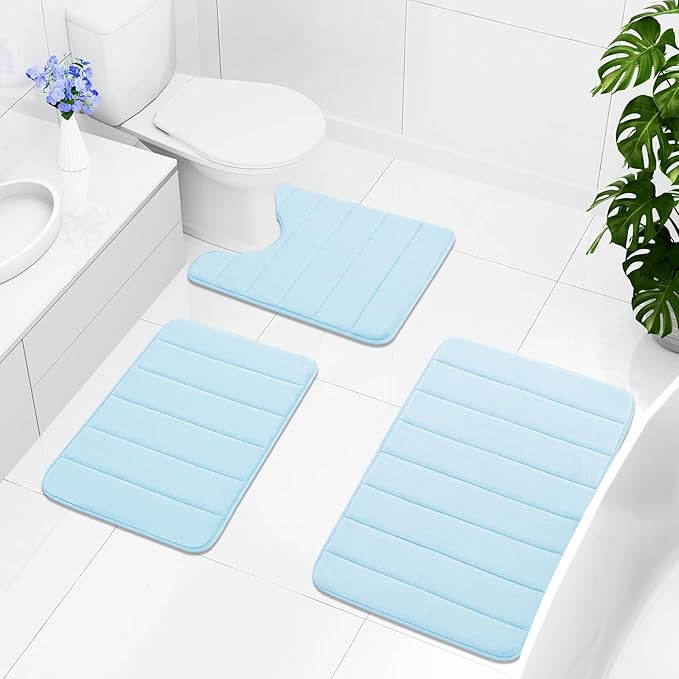 Buganda Memory Foam Bath Mat, 47" x 17", Ultra Soft and Non-Slip Bathroom Rugs, Water Absorbent and Machine Washable Bath Rug Runner for Bathroom, Shower, and Tub, Light Blue
