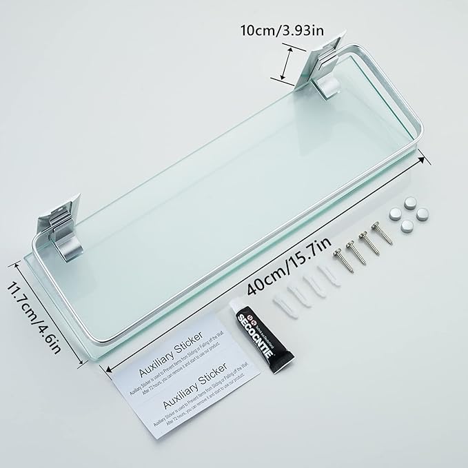 AIJALY 3 Pack Bathroom Glass Shelf,Aluminum Tempered Glass 0.34in Extra Thick Rectangular 1 Tier Storage Organizer Wall Mount,Silver 15.7in