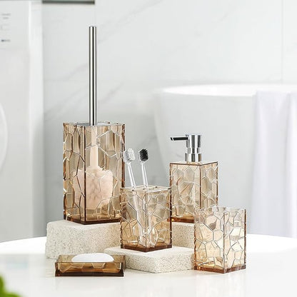 Clear Acrylic Bathroom Accessories Set - Rust-Free, Transparent Design - Includes Soap Dispenser, Toothbrush Holder, Cup, Soap Dish, and Toilet Brush 5-Piece (Brown)
