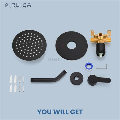 Airuida Shower Faucet Set,Single Function Shower Trim Kit,Wall Mount 6 Inch Round Rainfall Shower Head and Handle Set,Single Handle Shower System Set Male Threads Rough-in Valve Matte Black