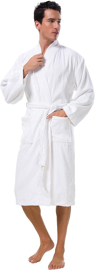 SIORO Mens Robe Terry Cloth Kimono Bathrobe Cotton Soft Shower Towel Bath Robes Calf Length Housecoat for Spa Hotel Hot Tub