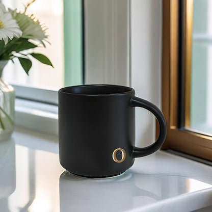 COLLECTIVE HOME - Black Monogram Ceramic Mugs, 15 oz Golden Initial Coffee Cups, Elegant Alphabet Tea Mugs, Personalized Halloween Mug with Gift Box, Perfect for Office and Home Décor (o)