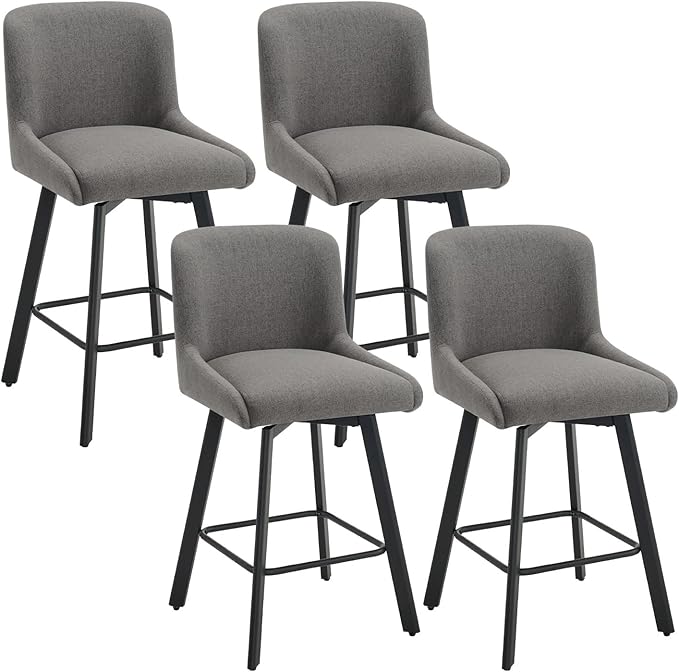 Swivel Bar Stools Set of 4, 26''H Upholstered Barstools with Backs, Modern Counter Height Bar Stool Chairs for Kitchen Island, Metal Legs, Fabric, Gray Counter Stools