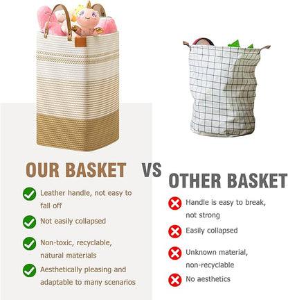 danpinera 100L Nursery Hamper, Tall Woven Laundry Basket with Long Leather Handles, Boho Laundry Hamper for Living Room & Bedroom, Eco-friendly & Convenient Decorative Storage Basket White & Jute