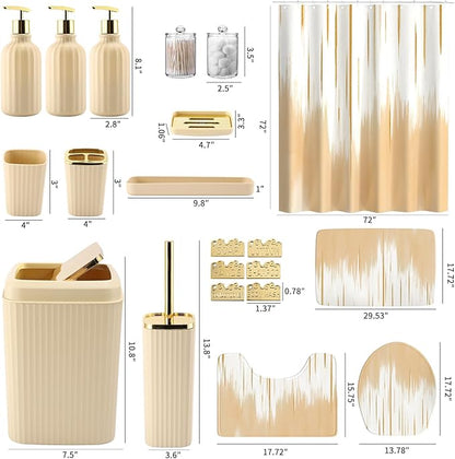 32PCS Bathroom Sets with Shower Curtain and Rugs-Beige Bathroom Accessories,Non Slip Bathroom Rugs Set with Toilet Lid Cover, Waterproof Shower Curtain, 3PC Soap Dispenser with Trash Can
