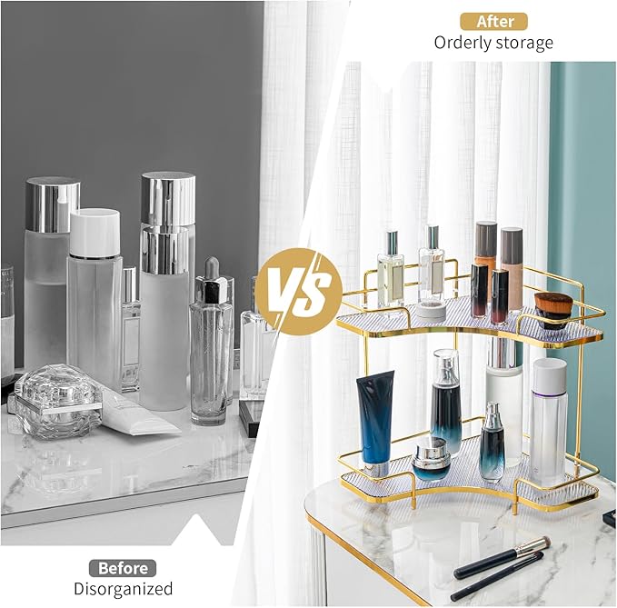Seoneiro 2 Tier Corner Bathroom Counter Organizer, Cosmetic Skincare Organizer, Bathroom Countertop Perfume Tray Vanity Organizer, Kitchen Spice Corner Storage Shelf