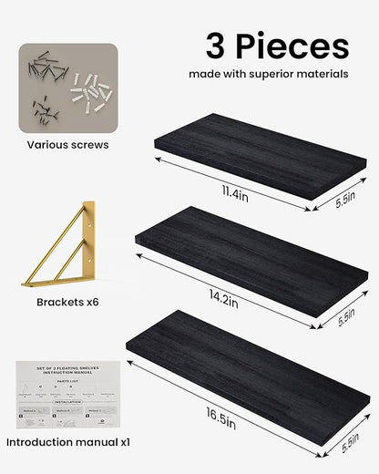 BAYKA Wall Shelves for Bedroom Decor, Floating Wall Shelves for Living Room Kitchen Storage, Wall Mounted Rustic Wood Floating Shelves for Kids Books, Corner Shelves for Bathroom, Office(Set of 3)