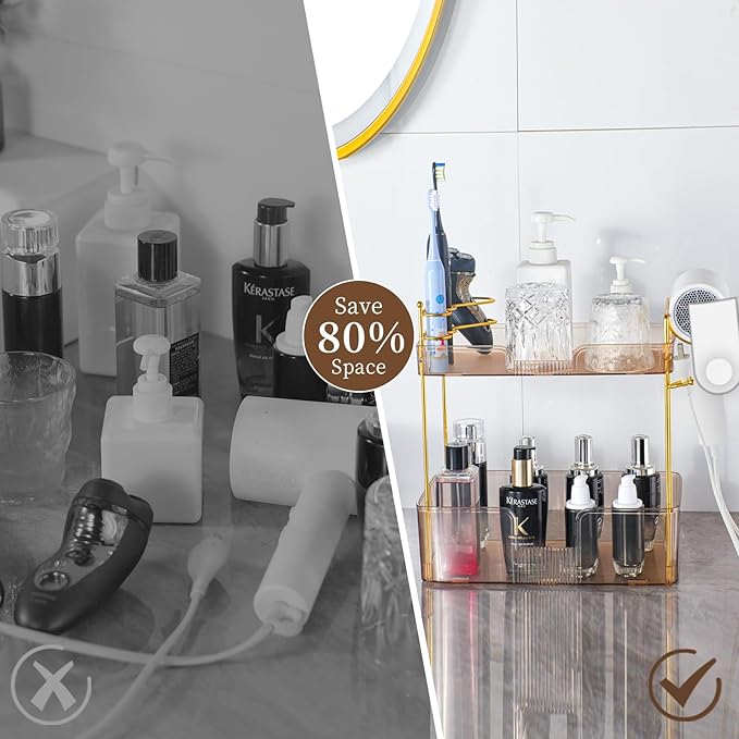 YCIA&DONE Bathroom Counter Organizer, Large Makeup Organizer Countertop, Shelf Storage, Vanity Tray, Easily Assemble for Bathroom Organizers and Storage, Undersink, Cabinet,2 Tiers Amber