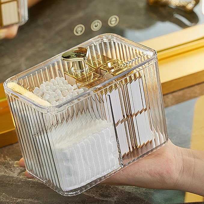 Qtips Holder Bathroom Container,3-Section Cotton Ball/Swabs Dispenser,3 Grids Apothecary Jar Organizer, Cosmetics Storage for Vanity