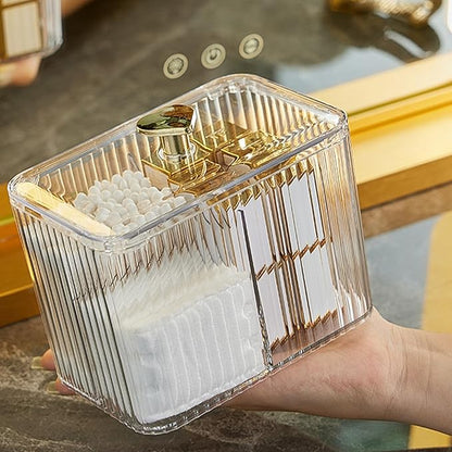 Qtips Holder Bathroom Container,3-Section Cotton Ball/Swabs Dispenser,3 Grids Apothecary Jar Organizer, Cosmetics Storage for Vanity