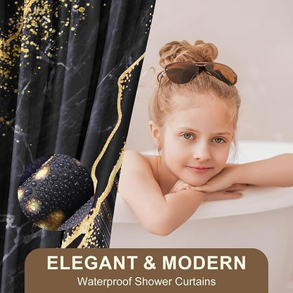 Bathroom Set Bathroom Sets with Shower Curtain and Rugs,Black Bathroom Accessories Set Waterproof Black and Gold Shower Curtain Set
