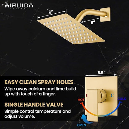 Airuida Shower Faucet Set Bathroom Rain Shower System SUS304 Stainless Steel Single Handle With Male Threads Rough-in Valve Shower Trim Kit 6 Inch Wall Mount Shower Head Brushed Gold