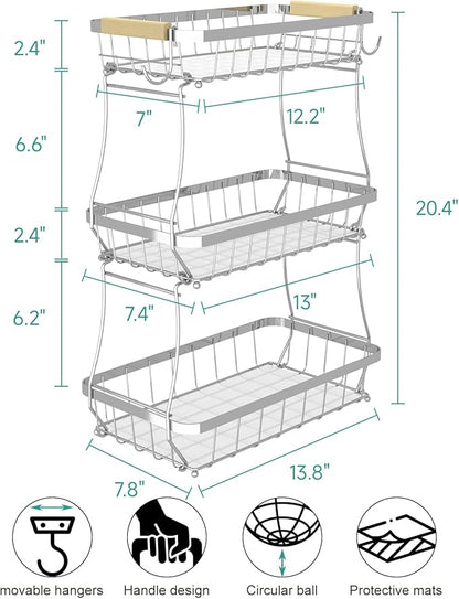3 Tier Fruit Basket for Kitchen Counter with 2 Mobile Banana Hangers, 2025 Pro Detachable Metal Fruit Bowl with Wooden Handle, Fruit Holder for Bread Snack Veggies, Silvery