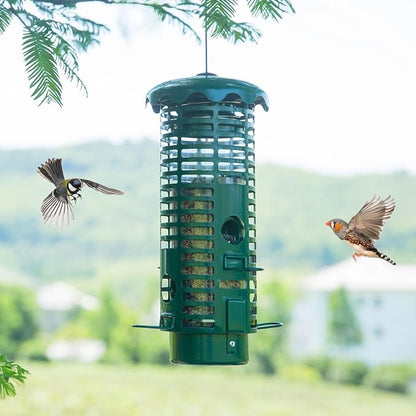 Squirrel Proof Bird Feeder Metal Mesh for Outdoors Hanging,Weight Activated Weatherproof Wild Bird Feeders with Finch Cardinal Chickadee,Large Capacity(Green)