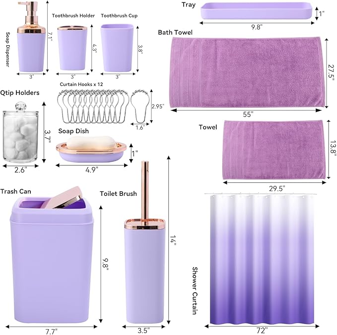 Purple Bathroom Accessories, 24 Pieces Light Purple Bathroom Accessories Set with Shower Curtain, Bath Towels, Trash Can, Soap Dispenser and Soap Dish for Bathroom/Housewarming