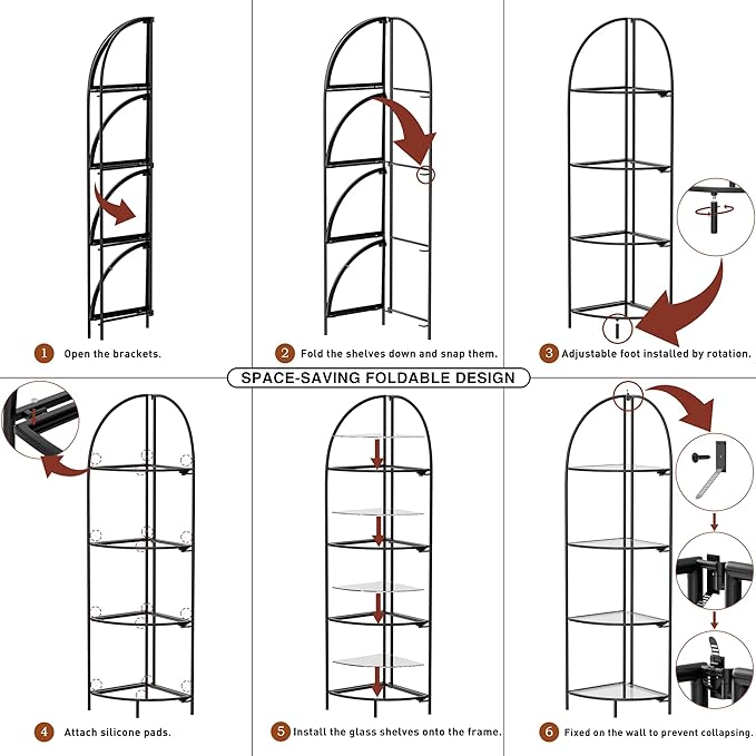 Crofy Foldable 4 Tier Corner Shelf, Metal Corner Plant Stand with Black Frame and Transparent Shelves, Corner Display Rack Multipurpose Shelving Unit for Living Room, Bedroom, Bathroom