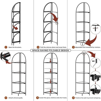 Crofy Foldable 4 Tier Corner Shelf, Metal Corner Plant Stand with Black Frame and Transparent Shelves, Corner Display Rack Multipurpose Shelving Unit for Living Room, Bedroom, Bathroom