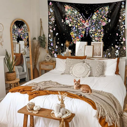 Damanse Butterfly Tapestry Wall Hanging Cute,Boho Wall Tapestry for Bedroom Aesthetic,Flower Living Room Decor for Teen Girls (Black, 59.80" x 78.70")