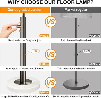 【Upgraded】 Dimmable Floor Lamp for Living Room, 11W LED Bulb Included, Modern Standing Lamp with Marble Base, Tall Pole Light with Linen Shade for Bedroom Reading Office Corner Nursery-Brushed Nickel