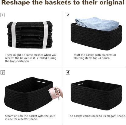 3 Pack Small Storage Baskets for Organizing, Cute Woven Decorative Gift Baskets for Shelves, Mini Closet Organizer Bins with Handles, 11.81''Lx7.87''Wx4.72''H-Black