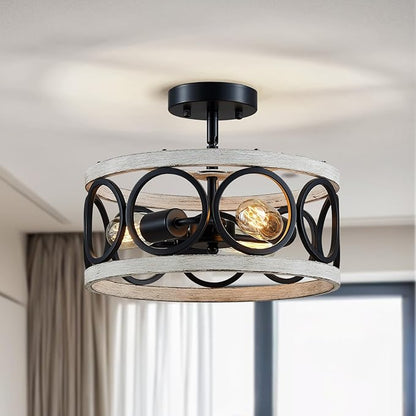 XINGQI White Chandelier 3-Light Modern Ceiling Light Rustic Wood Grain Adjustable Height Pendant Lighting Fixture 13" Round Metal Lamp for Dining Room Kitchen Bedroom Foyer Hallway