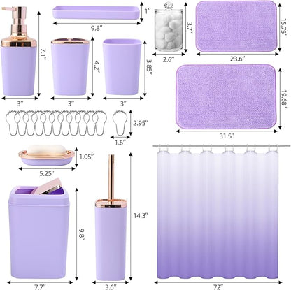 Bathroom Accessory Set–Bathroom Sets with Shower Curtain and Rugs, Non Slip Bathroom Rugs Super Absorbent, Light Purple Ombre Shower Curtain with Hooks, Lavender Bathroom Sets Complete for Home