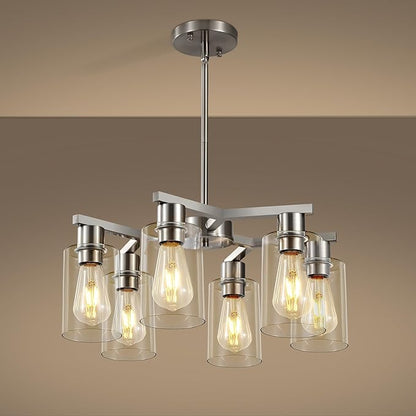 6-Light Farmhouse Brushed Nickel Chandelier,Modern Chandeliers for Dining Room Light Fixture Over Table,Adjustable Hanging Industrial Rustic Pendant Lights Kitchen Island Light with Clear Glass Shade