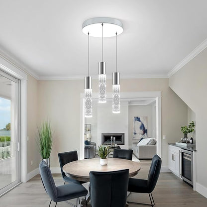 OKELI Dimmable LED 3-Light Pendant Light for Kitchen Island, 18W 1350LM Modern Bubble Crystal Island Light Fixture,6000K, Electro-Chrome, Easy Installation, Round