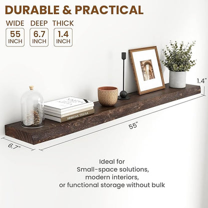 55" Floating Shelves, Live Edge Elm Wood Floating Shelf for Wall, Wall-Mounted Display Shelves with Invisible Heavy-Duty Bracket, Long Floating Shelf for Bathroom, Kitchen, Living Room, Walnut Color