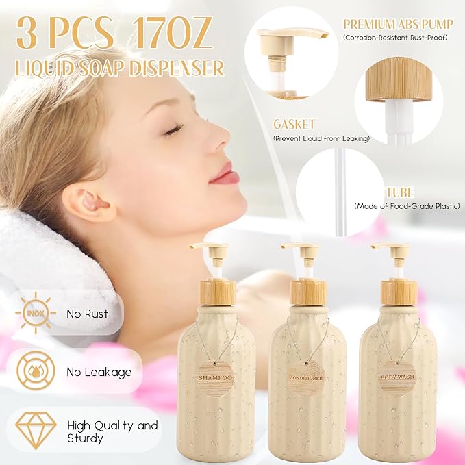 32PCS Bathroom Sets with Shower Curtain and Rugs Beige Bathroom Accessories Set Shower Curtain Set 3PCS Lotion Soap Dispenser Bathroom Accessories with Black Bathroom Decor