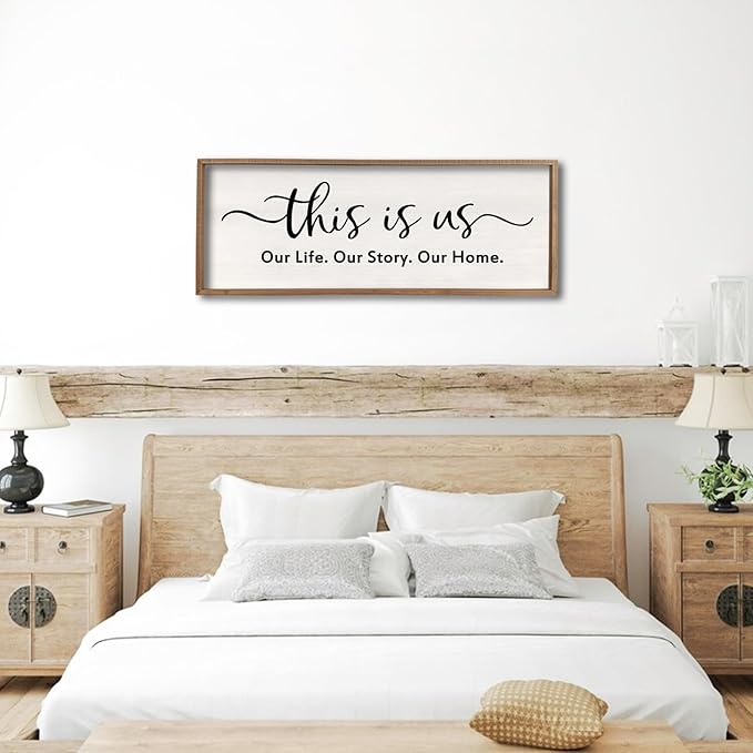This is us Wall Decor Sign 40'' x 15'' Large Master Bedroom Home Life Story Wood Framed Vintage Family Sign Rustic Plaque Living Room Minimalist Farmhouse Hanging Wall Art (Wood)