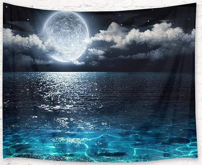LB Moon Over Ocean Tapestry, Night Sky Tapestry Wall Hanging, 3D Fantasy Psychedelic Watercolor Wall Art for Bedroom Living Room Dorm Home Decor, 60 x 40 Inches