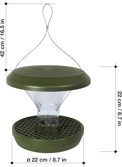 SWISSINNO No Mess Bird Feeder Davos Smart Birds - No Spill Bird Feeder for Outdoor - Mice & Rat Proof - Robust & Reliable for Hanging - Dual Food Chambers - Made in EU - Green