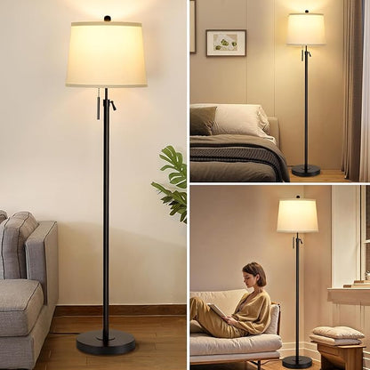 Black Floor Lamps for Living Room Adjustable Height Standing Lamp Modern Tall Pole Lamps for Bedroom Office with White Linen Shade 3 Color Temperature 9W LED Bulb Included