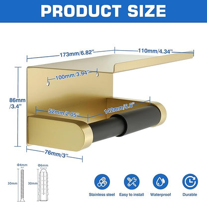 Alise Toilet Paper Holder Adhesive Toilet Paper Roll Holder SUS304 Stainless Steel Toilet Paper Holder with Shelf Spring Loaded Tissue Holder Wall Mount(Adhesive or Screw),Gold and Black Finish