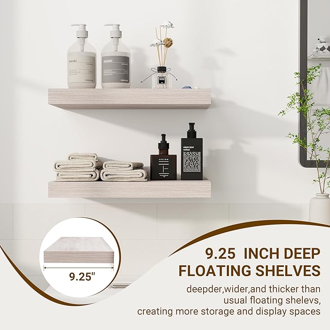 16 Inch Floating Shelves, 3D Textured Wood Grain, 16"x9.25"x1.5" Inch Deep Floating Shelves for Wall, Wooden Shelves for Bathroom, Bedroom, Living Room, Washed White, 2 Pieces