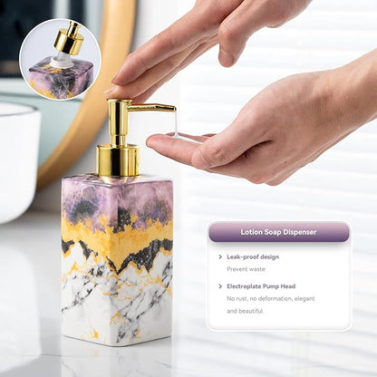 4 Piece Bathroom Accessories Set - Purple Bathroom Accessory Sets Includes Lotion Dispenser, Toothbrush Holder Tumbler, and Soap Dish - Glossy Finish (Marble, Purple)