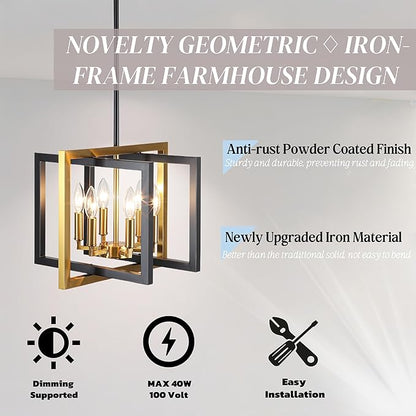 ANKYLHUA Black Gold Chandelier,6-Lights Ceiling Light Fixture E12,Adjustable Hight Pendant Lights Kitchen Island,Chandeliers for Dining Room,Bedroom,Entryway,Foyer