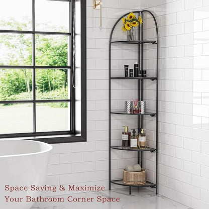 Crofy Foldable 5 Tier Corner Shelf, Metal Corner Plant Stand with Black Frame and Transparent Shelves, Corner Display Rack Multipurpose Shelving Unit for Living Room, Bedroom, Bathroom