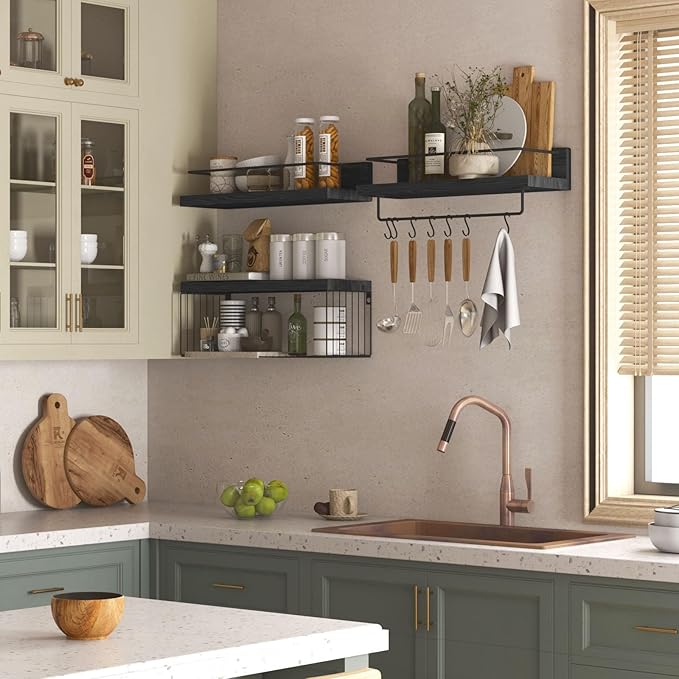 Bathroom Shelves Over Toilet for Wall, Floating Shelves with Storage Basket Paper Holer for Kitchen Living Room, Bedroom & Classroom, Set of 3 (Black)