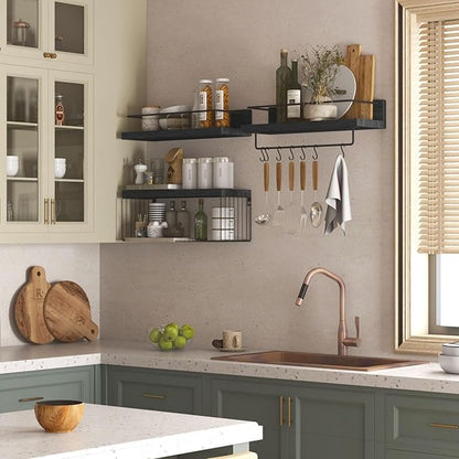 Bathroom Shelves Over Toilet for Wall, Floating Shelves with Storage Basket Paper Holer for Kitchen Living Room, Bedroom & Classroom, Set of 3 (Black)