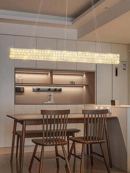 W48 Modern Rectangular Crystal Chandeliers Dining Room Chandelier,Silver Pendant Light Fixture with Remote Control for Living Room Kitchen Island